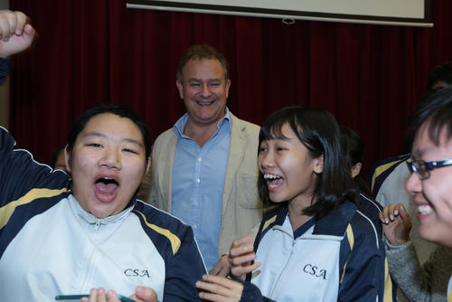 Hugh Bonneville visits the Cotton Spinner Association School