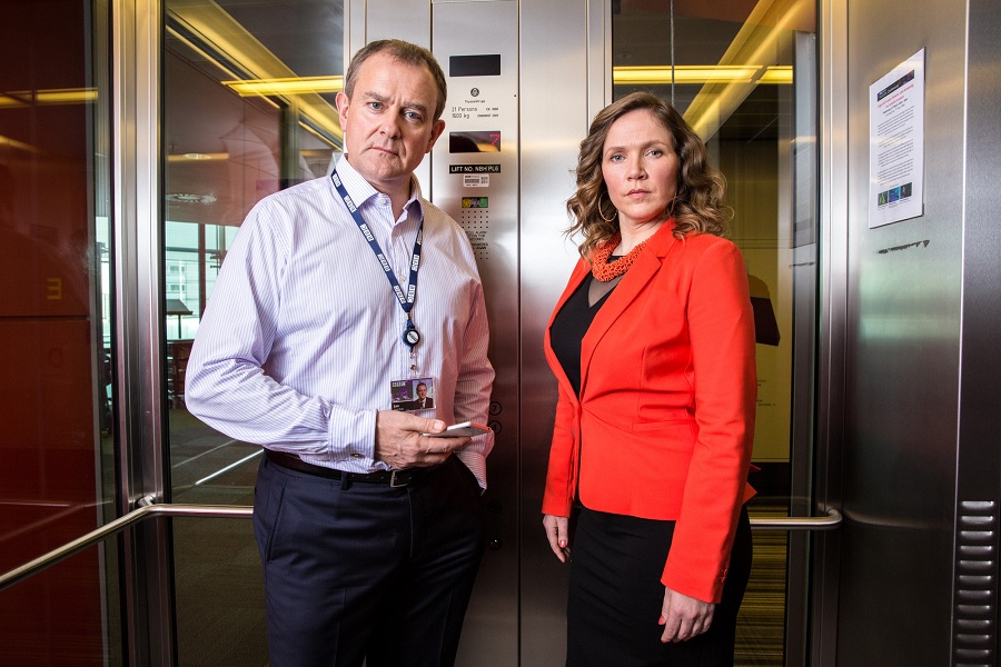 Bonneville as Ian Fletcher and Jessica Hynes as Siobhan Sharpe in 'W1A' (BBC / Jack Barnes)